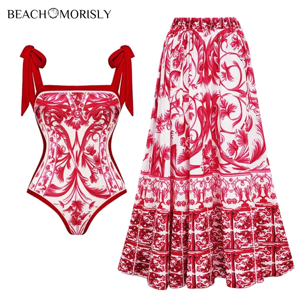 2024 Reversible Tie-shoulder Baroco Style Printed One Piece Swimsuit and Skirt Swimwear Set Women Beachwear Luxury Bathing Suit