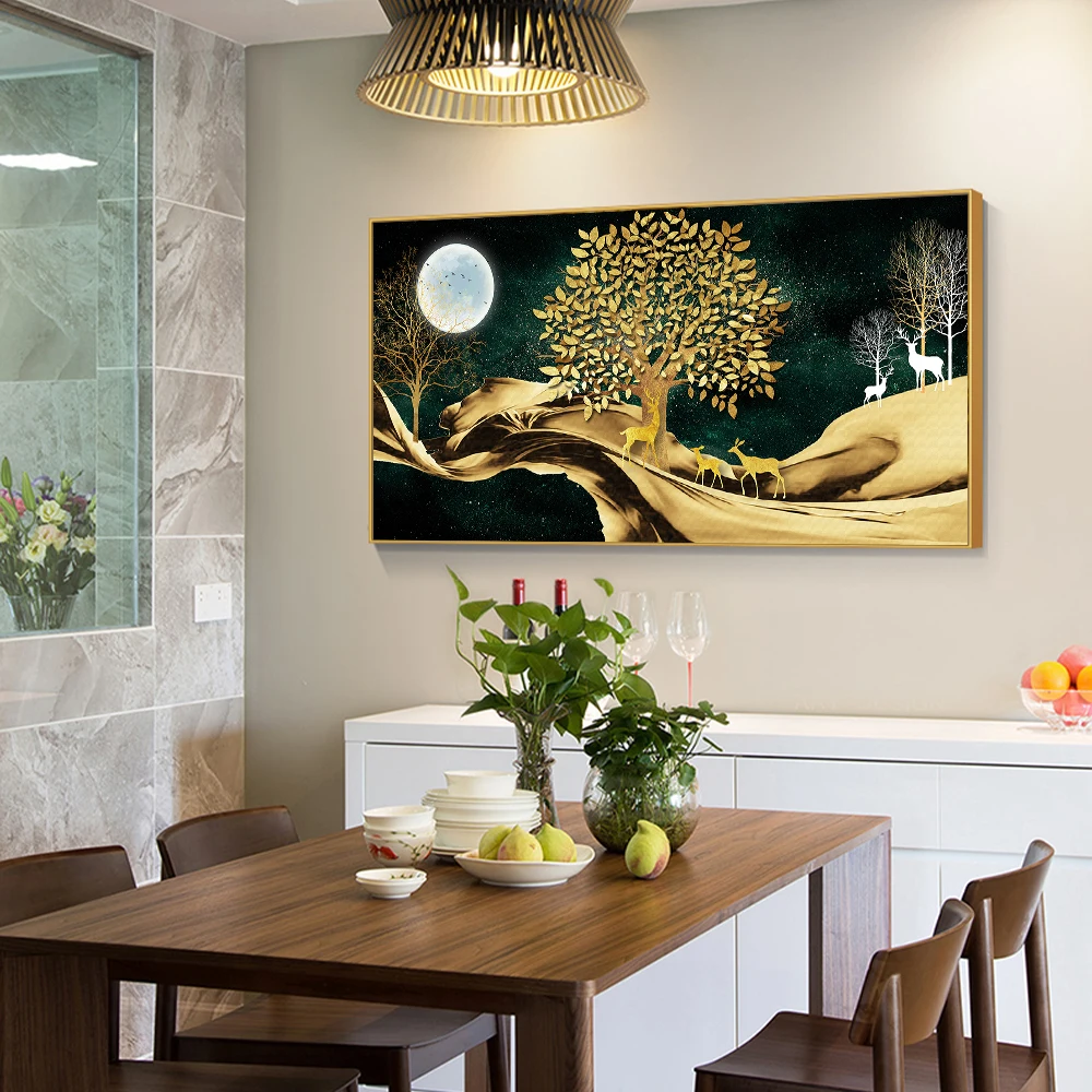 Luxury Wall Art Canvas Painting Abstract Golden Money Tree Elk Full Moon Poster and Prints Home Decorative Pictures Frameless