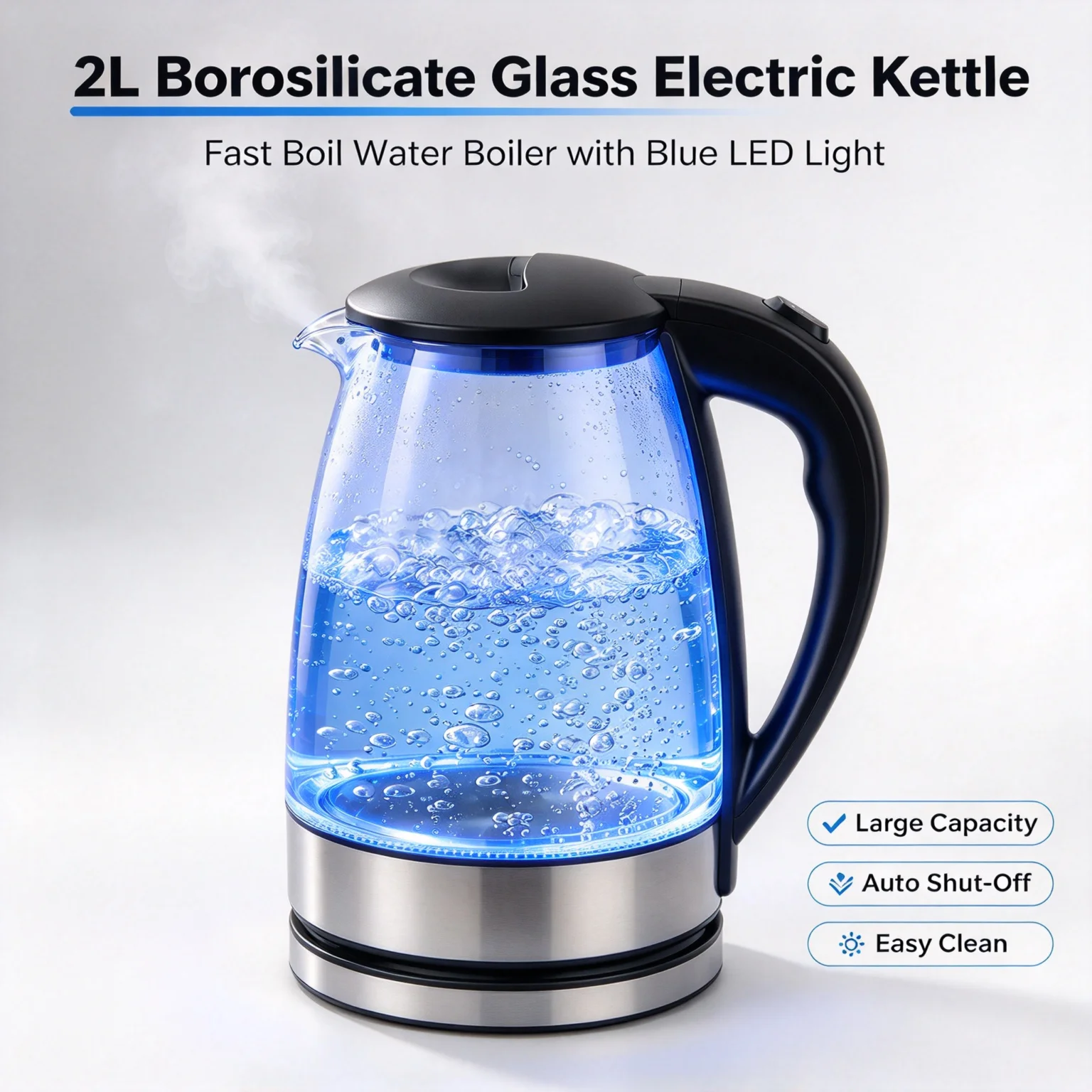 2L Electric Glass Kettle with Blue LED Light, Borosilicate Glass Water Boiler, Auto Shut-Off & Boil-Dry Protection, Electric Water Heater for Kitchen and Home