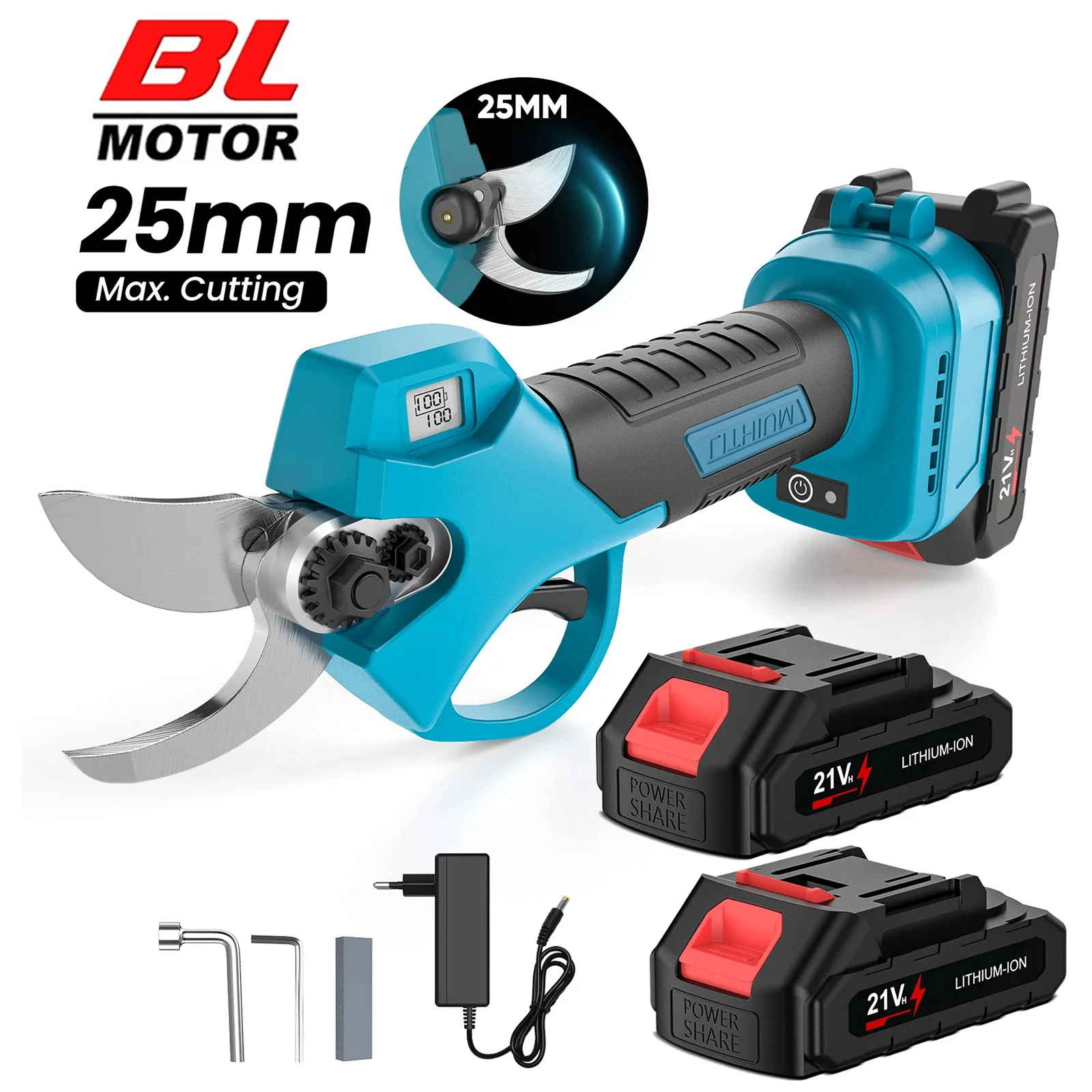 Sécateur électrique sans fil 1000W/800W 50mm/25mm, cisailles sans balais pour jardin, outil de coupe de branches d'arbres fruitiers avec 2 batteries