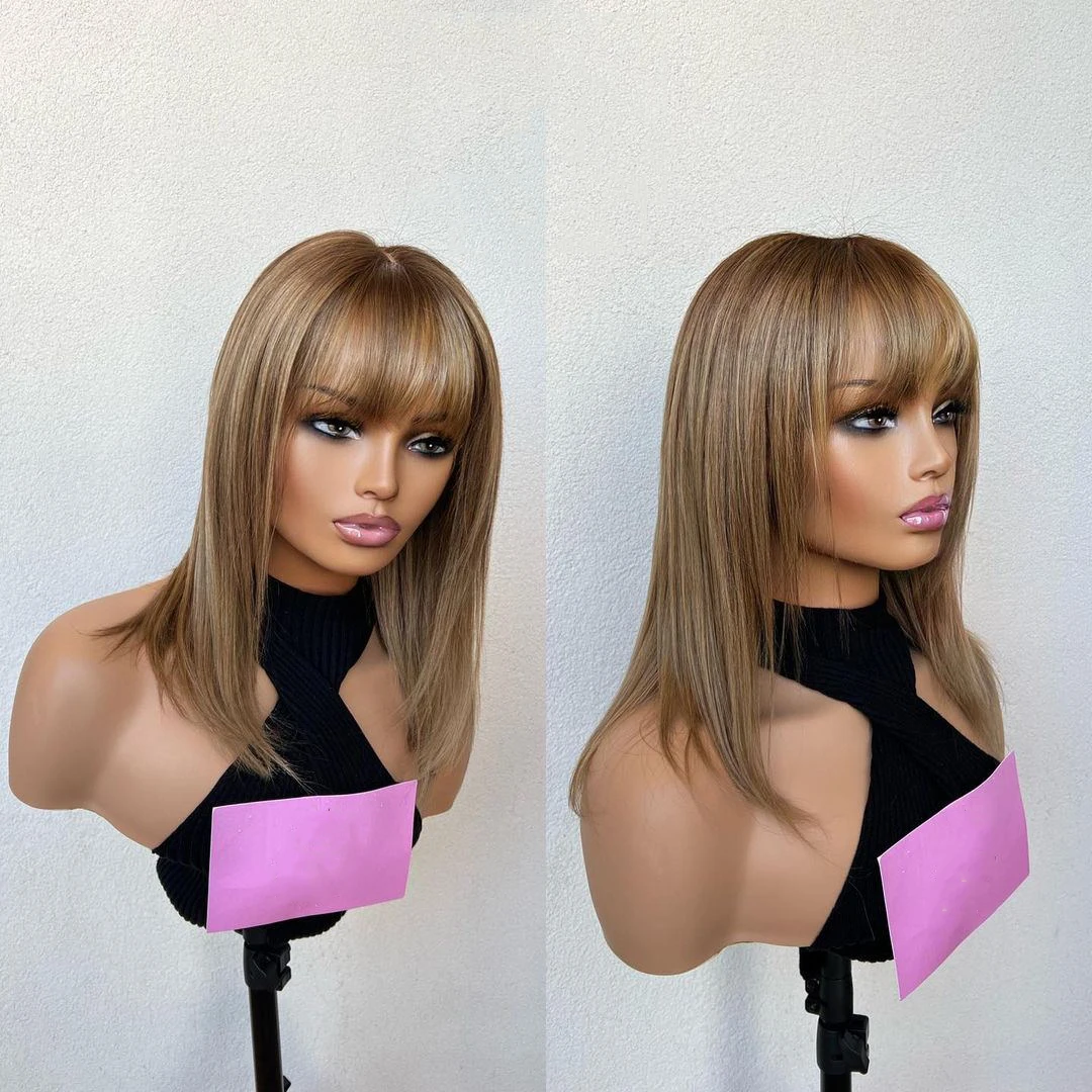 Caramel Blonde with Light Brown Roots with Bangs 13x6 Lace Front Wig 16