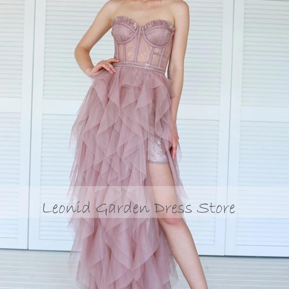 Sexy Sweetheart Prom Dresses Strapless Cocktail Gowns Sleeveless Lace Ruffles Tulle High Split Mermaid 2024 فساتين السهرة