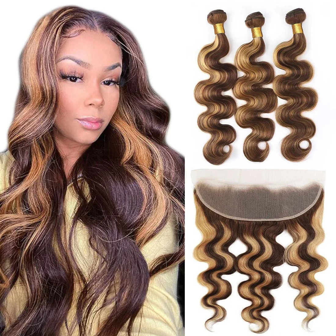 

Highlight P4/27 Body Wave Bundles With Frontal Ear To Ear Brazilian Remy Human Hair 3 Bundle with 13x4 Lace Frontal Honey Blonde