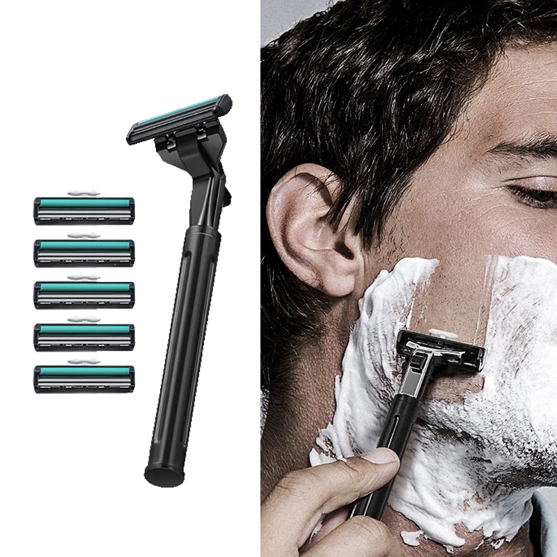 Men's Manual Razor 2 Layer Blade Men's Shaver with Lubricating Soap Strip 3-layer Blade 1 Holder 6 Blade Heads Super Affordable