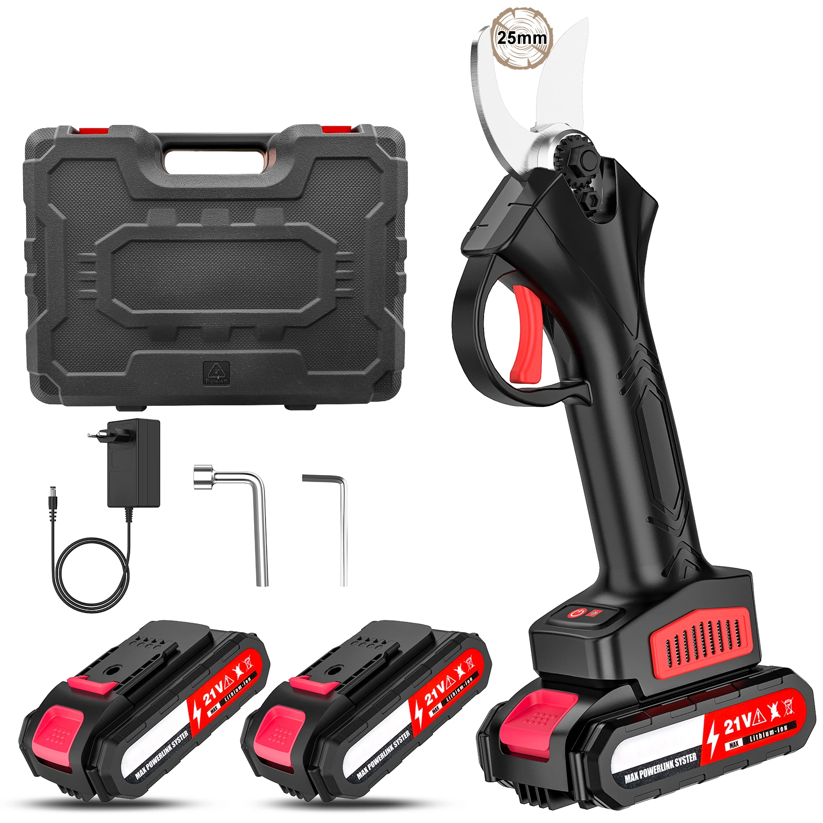 1200W 25mm Borstelloze Draadloze Elektrische Snoeischaar Snoeischaar Fruitboom Bonsai Snoeien Takken Cutter Power Tool Met 2 Stuks 21V