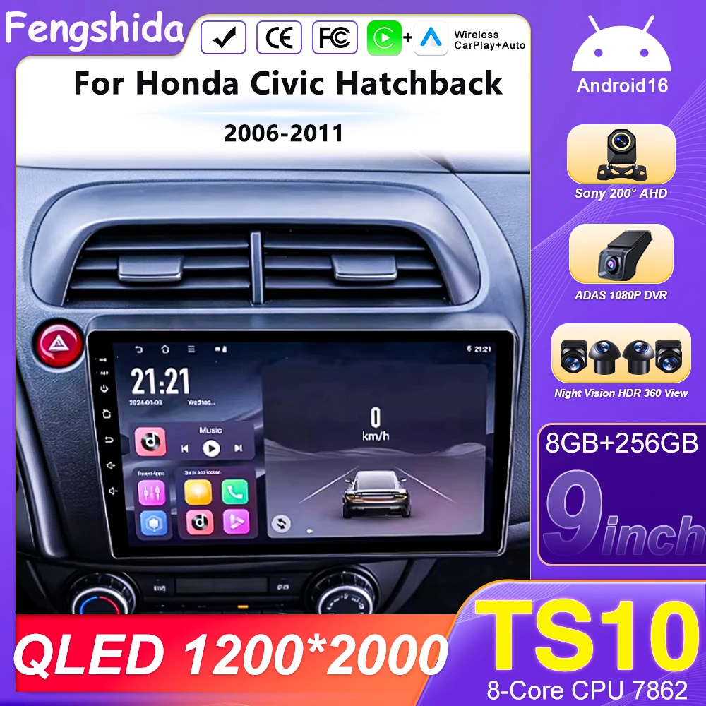 Android 15 For Honda Civic Hatchback 2006-2011 Carplay Car Radio Multimidia Video Navigation Stereo Head Unit Auradio Gps 8Core-image
