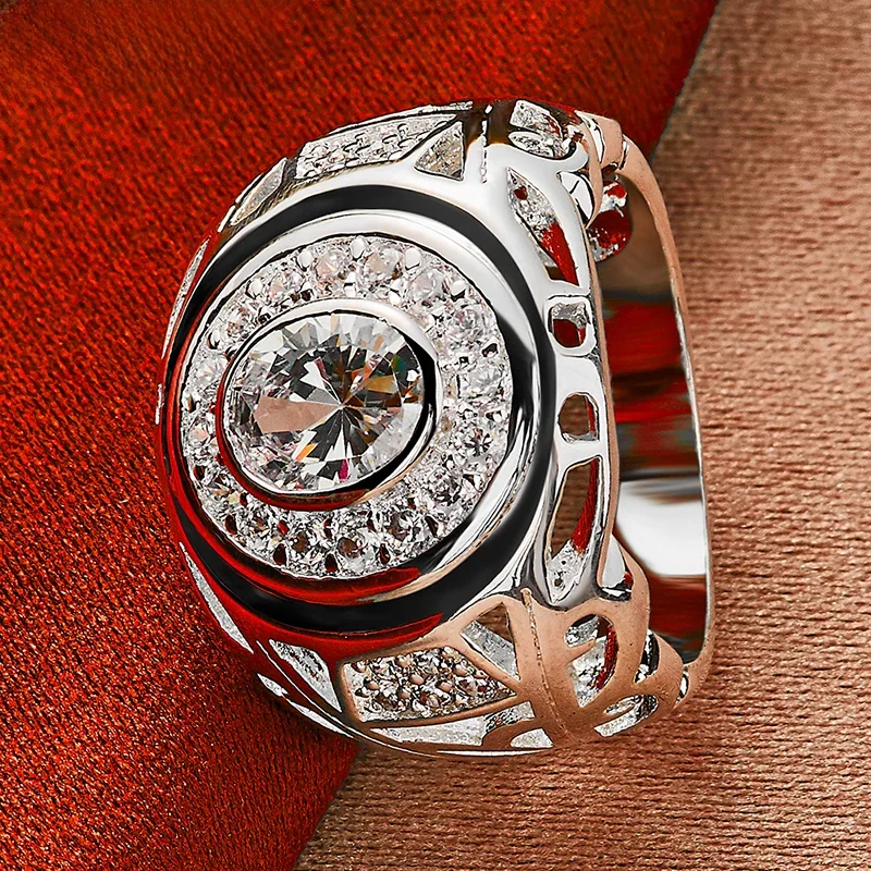 925 Sterling Silver 6-10 Rozmiar Pierścionki Dla Kobiet Mężczyzna Okrągły Duży Pierścionek z Cyrkoniami Moda Ślub Zaręczyny Charms Party Fine Jewelry — zdjęcie 2