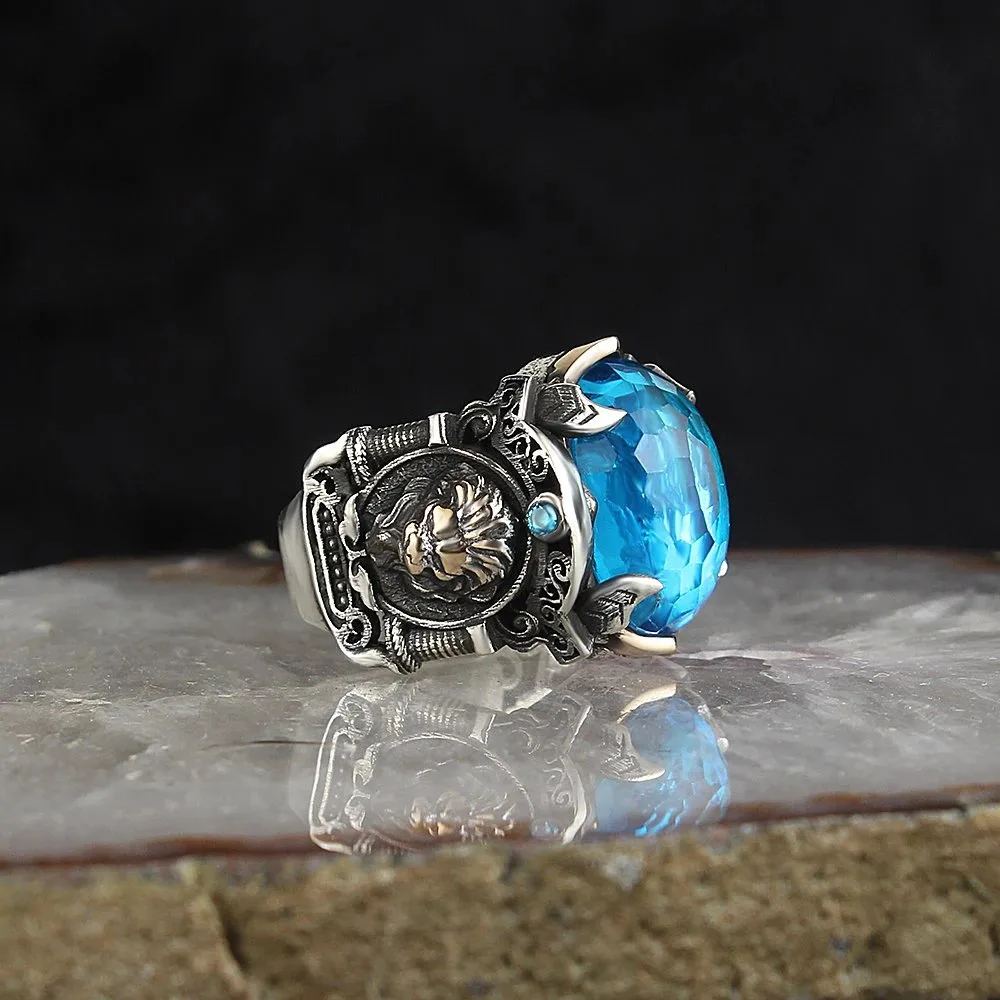 925 Sterling Silver Men's Ring Lion Symbol Zircon Stone, Handmade Vintage Gift