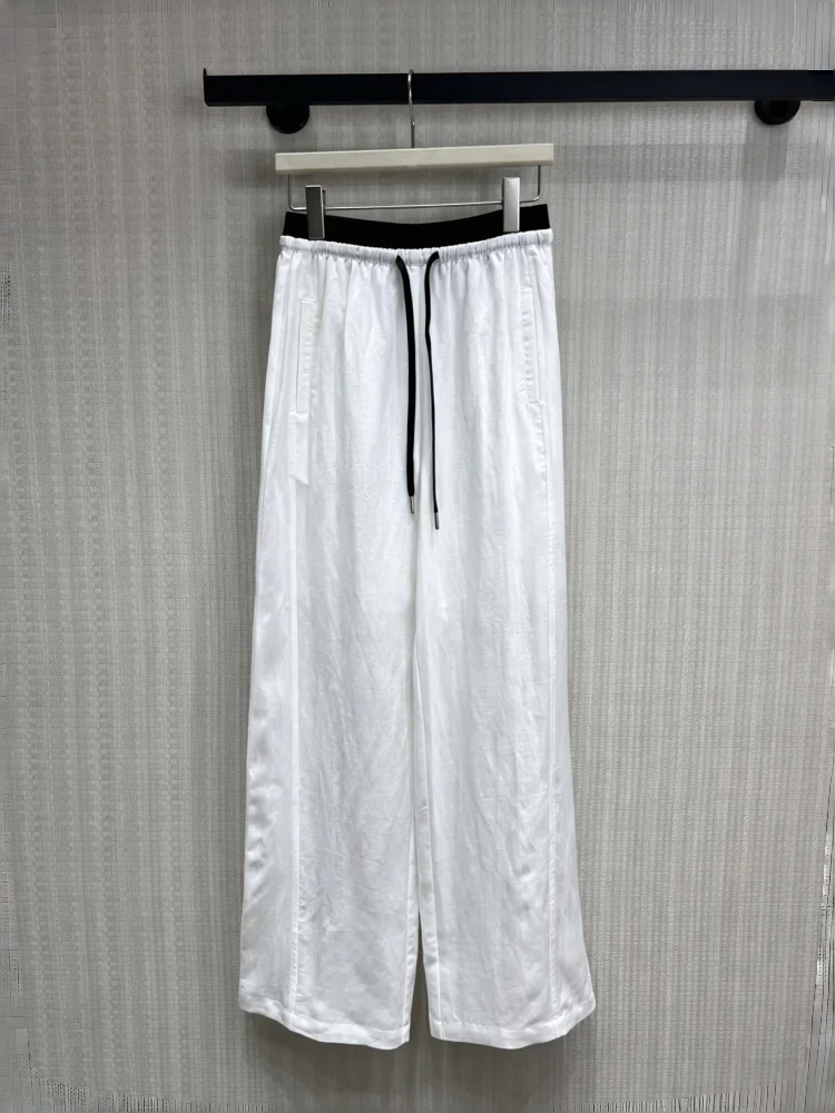 

Summer Women's Tencel Linen Blended Casual Pants With Alphabet Ribbon Splicing Printed Pocket Wide Leg Pants