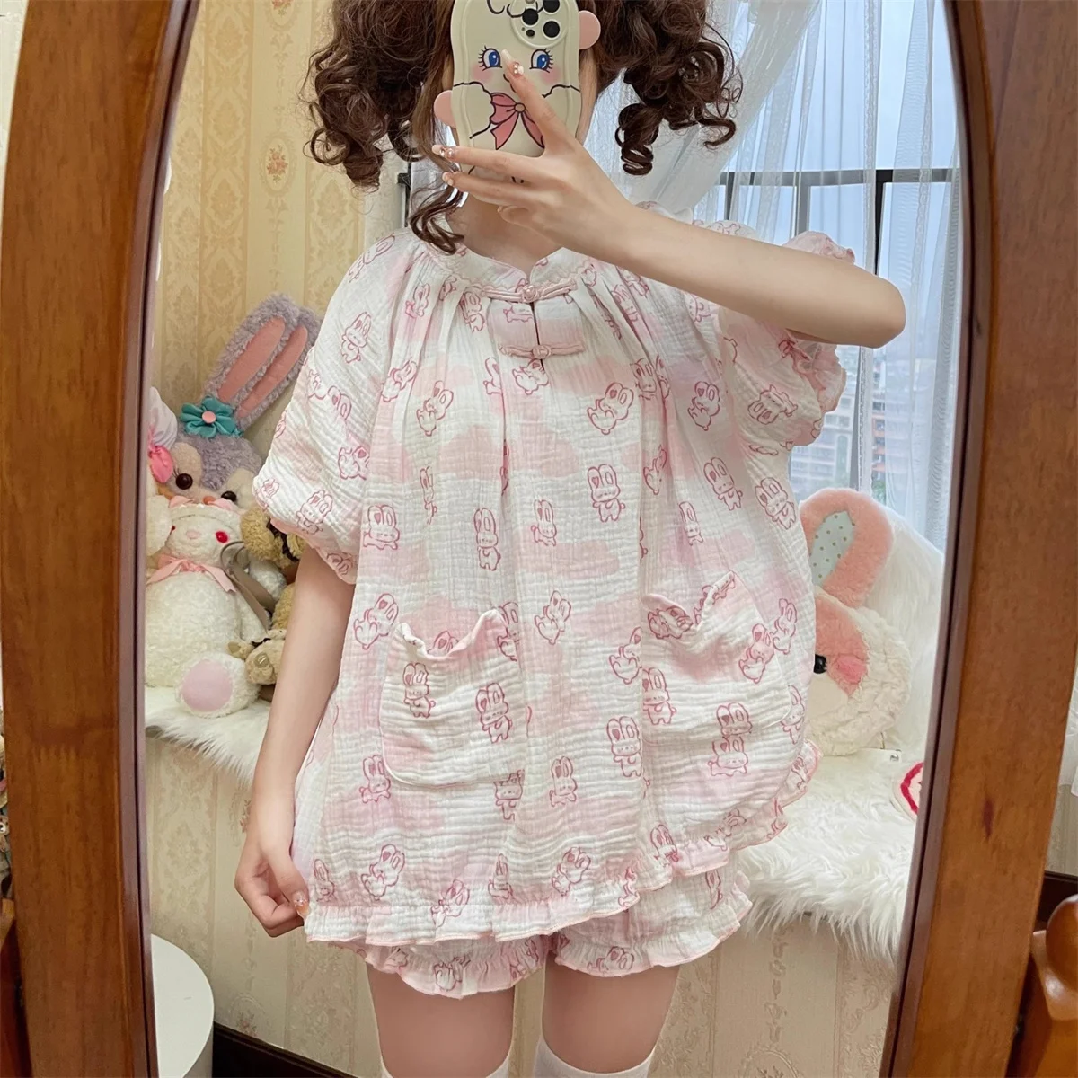 Kawaii Lolita Style Bunny Print Pajamas Set Girly Cute Short Sleeve Tops Shorts Suit Women Casual Princess Homewear Pijama Mujer