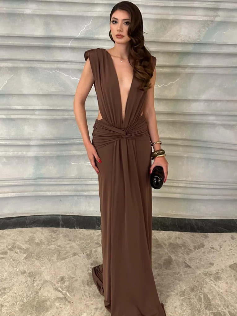 

Лето 202, женское коричневое сексуальное плиссированное длинное платье без рукавов с глубоким v-образным вырезом, элегантное модное вечернее платье