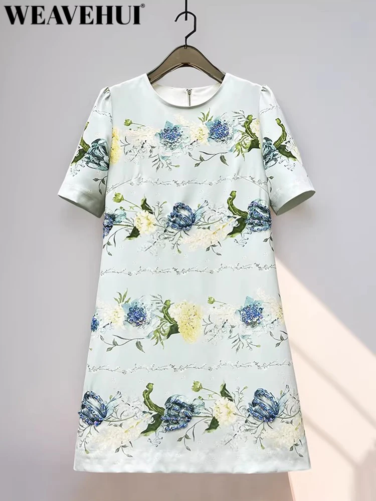WEAVEHUI Women's O-Neck Short Sleeves Print Beading Sequins Summer Classic Style Exquisite Dresses