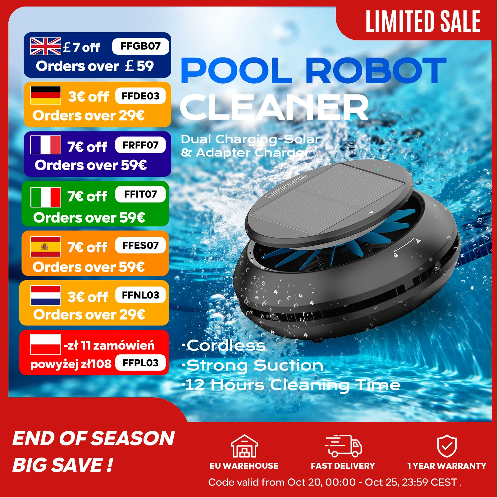 Limpiador Robótico Inalámbrico para Piscinas, Limpieza Automática, 12 Horas, Limpieza de Cabello, Hojas