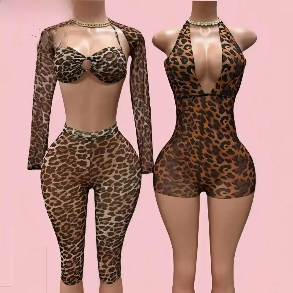 FAGADOER Sexy Mesh See Through Leopard Print Two Piece Sets Women Crop Top + Long Sleeve Coat + Shorts Outfits Female Clubwear — zdjęcie 2