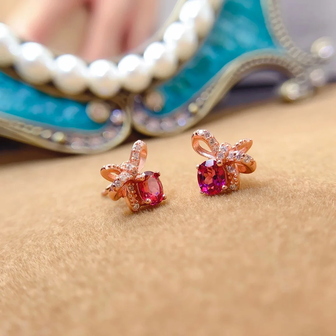 Jewelry 925 Sterling Silver Inset Natural Magnesium Aluminum Garnet 4x5mm Girls Electroplated Rose Gold bow Earrings to Girlfrie