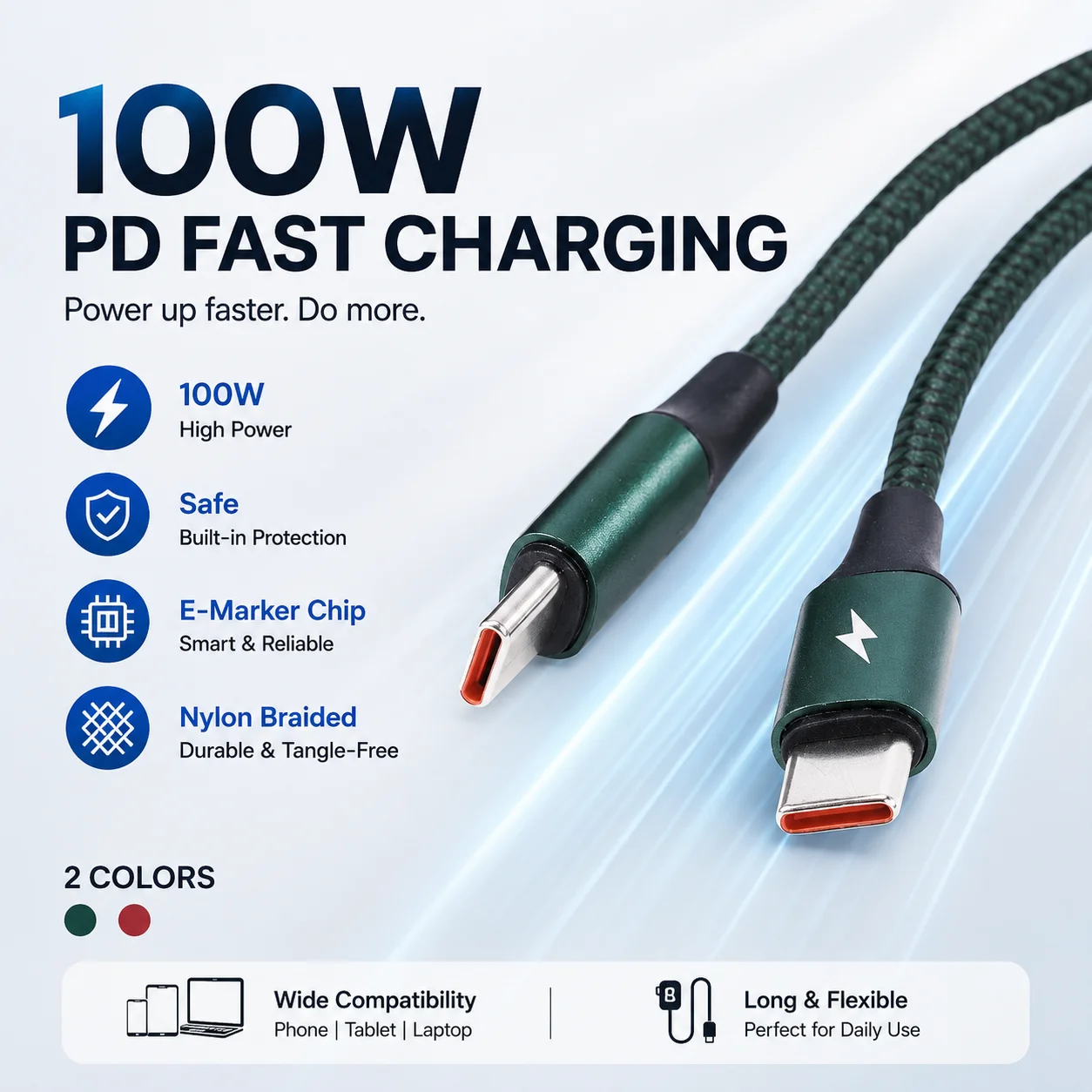 100W USB-C zu USB-C Kabel, PD Schnellladekabel Typ C, Nylon-Umflochtenes Ladekabel mit E-Marker für Laptop, Tablet, Smartphone