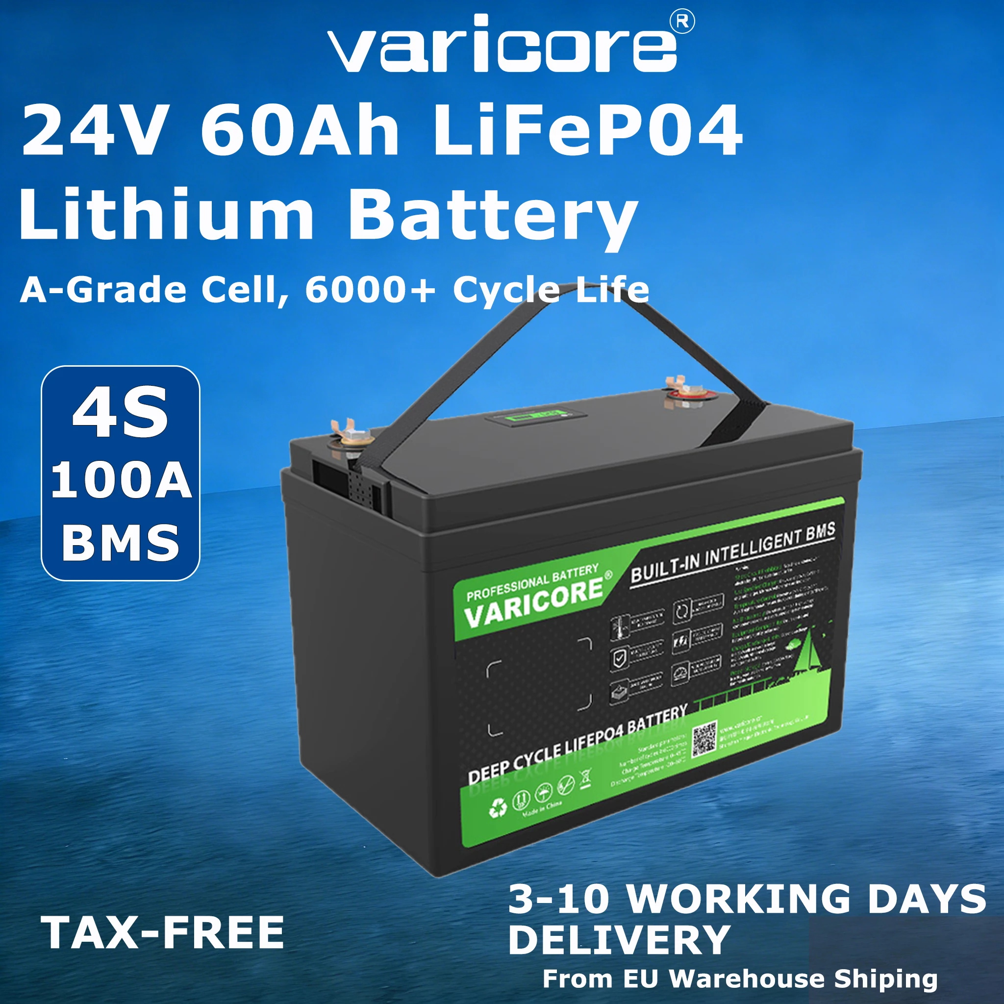 Varicore EU Stock LiFePO4 24V 60AH 2.4KW Batterij BMS 6000+ Cycli Grade-A RV Solar Home Lithium Pack