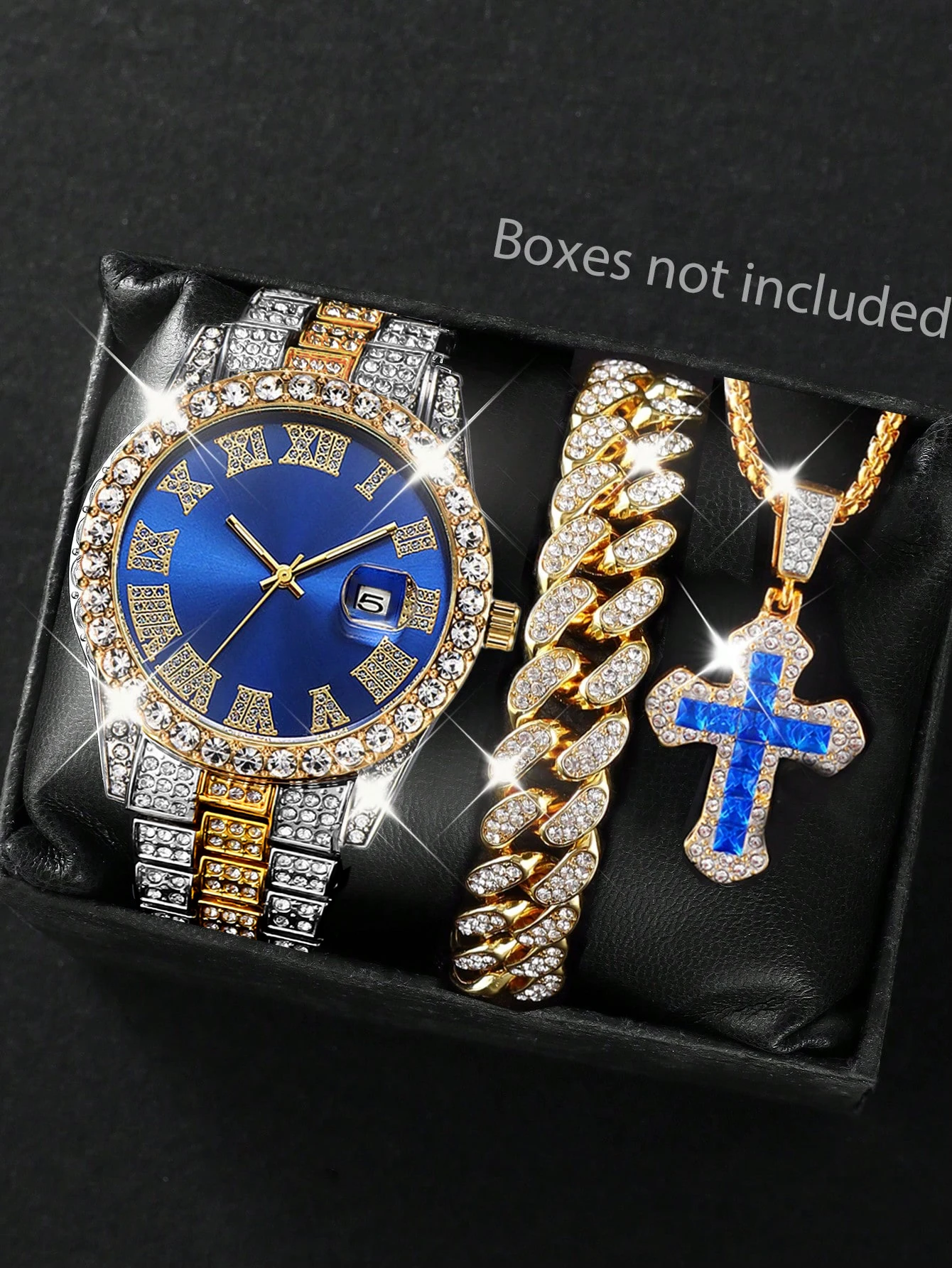 3-piece set of stylish men's classic quartz watches – featuring a calendar function, round dial, and comes with a matching cross pendant necklace and chain bracelet; battery-powered, alloy case; designed specifically for men, making it an ideal gift for friends and family.