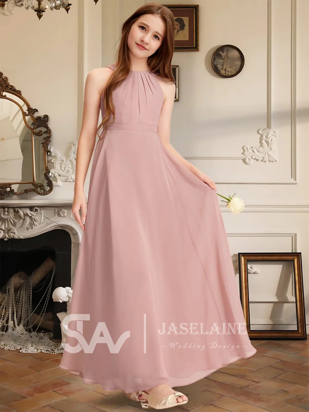 

SAF Kids Child A-line Scoop Floor-length Chiffon Junior Bridesmaid Dress Party Flower Girl Dress Kids Wedding Formal Dress