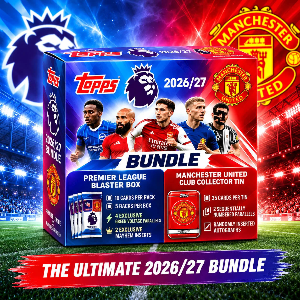 2026-27 Topps Premier League Flagship Soccer Blaster Box With Manchester United FC Club Collector Tin, 95 Total Cards Featuring 2 Numbered Parallels, Look for 6 Exclusive Green Voltage Parallels And Mayhem Inserts