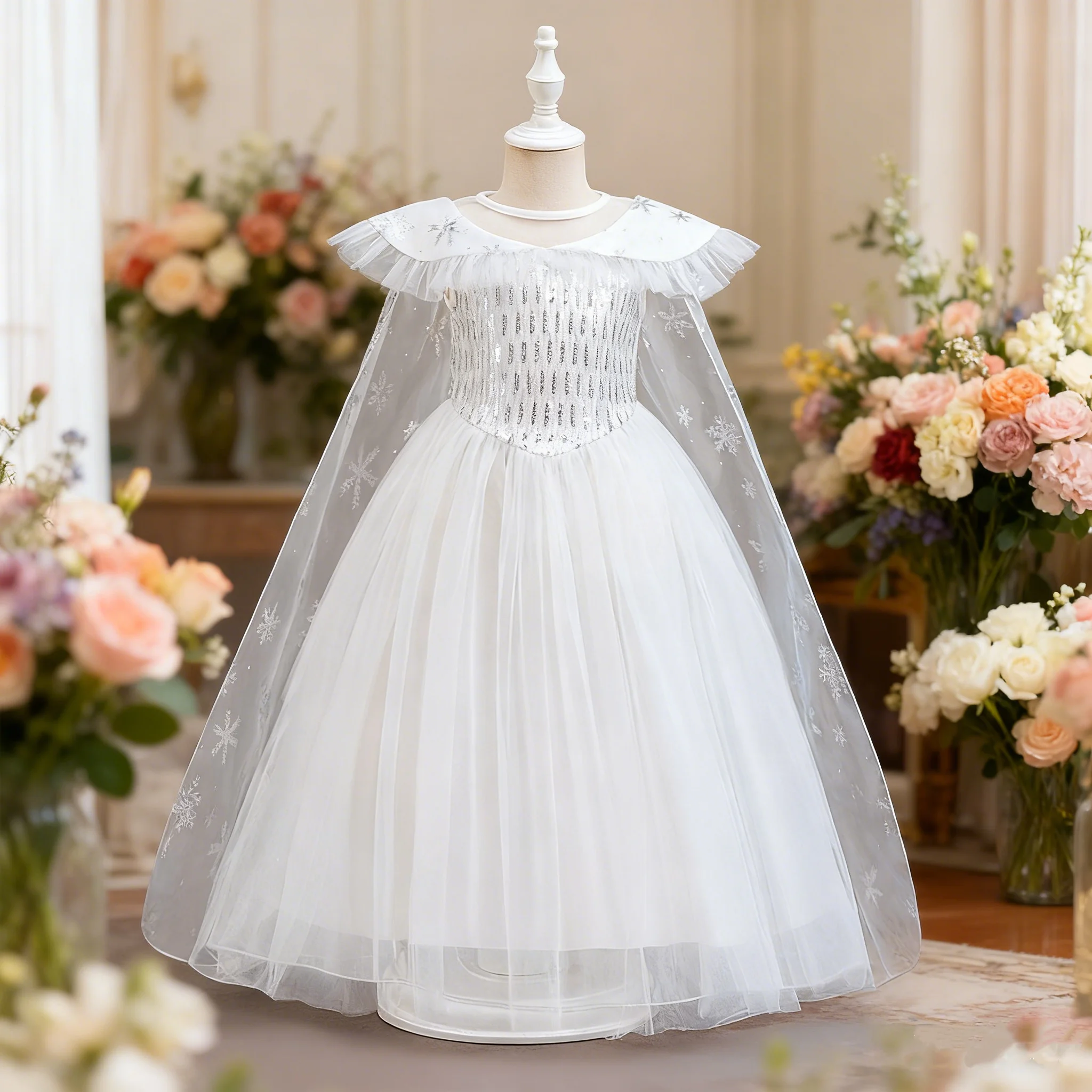 

Модное праздничное платье со снежинками для девочек, платья со шлейфом для косплея для девочек, детское праздничное платье на день рождения, новое детское вечернее платье