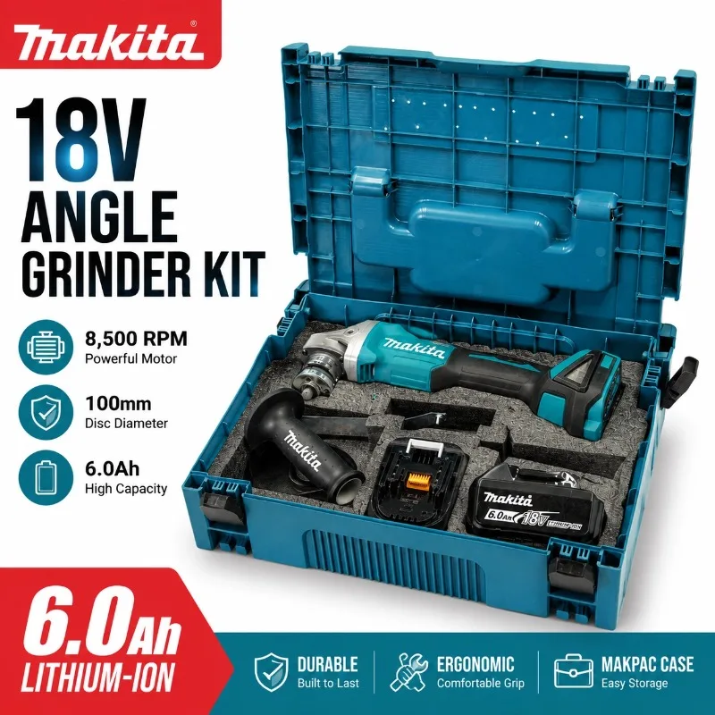 Hochleistungs 125mm Akku-Winkelschleifer Makita DGA404 18V Bürstenlos Lithium-Akku Elektrisches Schneid- und Polierwerkzeug, 18V 6Ah Batterie