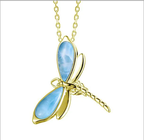 Hot Selling Beautiful 100% 925 Sterling Silver Natural Dominican Larimar & CZ Dragonfly Pendant Necklace for Women Gift