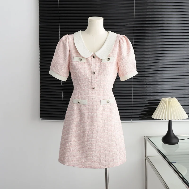 Women Pink Elegant Fashion Sweet Slim High Waist Mini Summer Dress Robe Femme