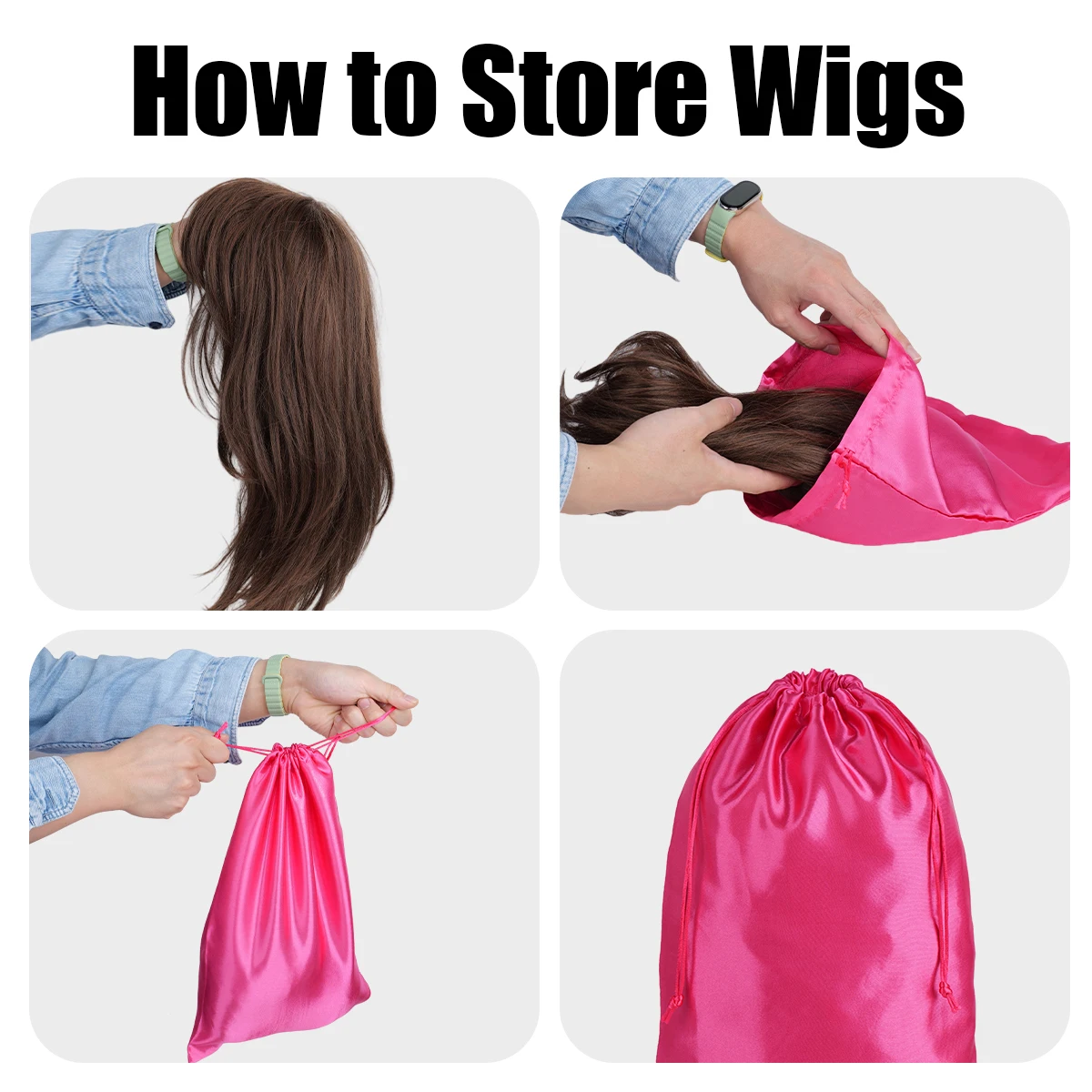 3pcs Bright Pink Satin Drawstring Storage Bags for Wigs, Jewelry & Accessories，Organizer Pouches
