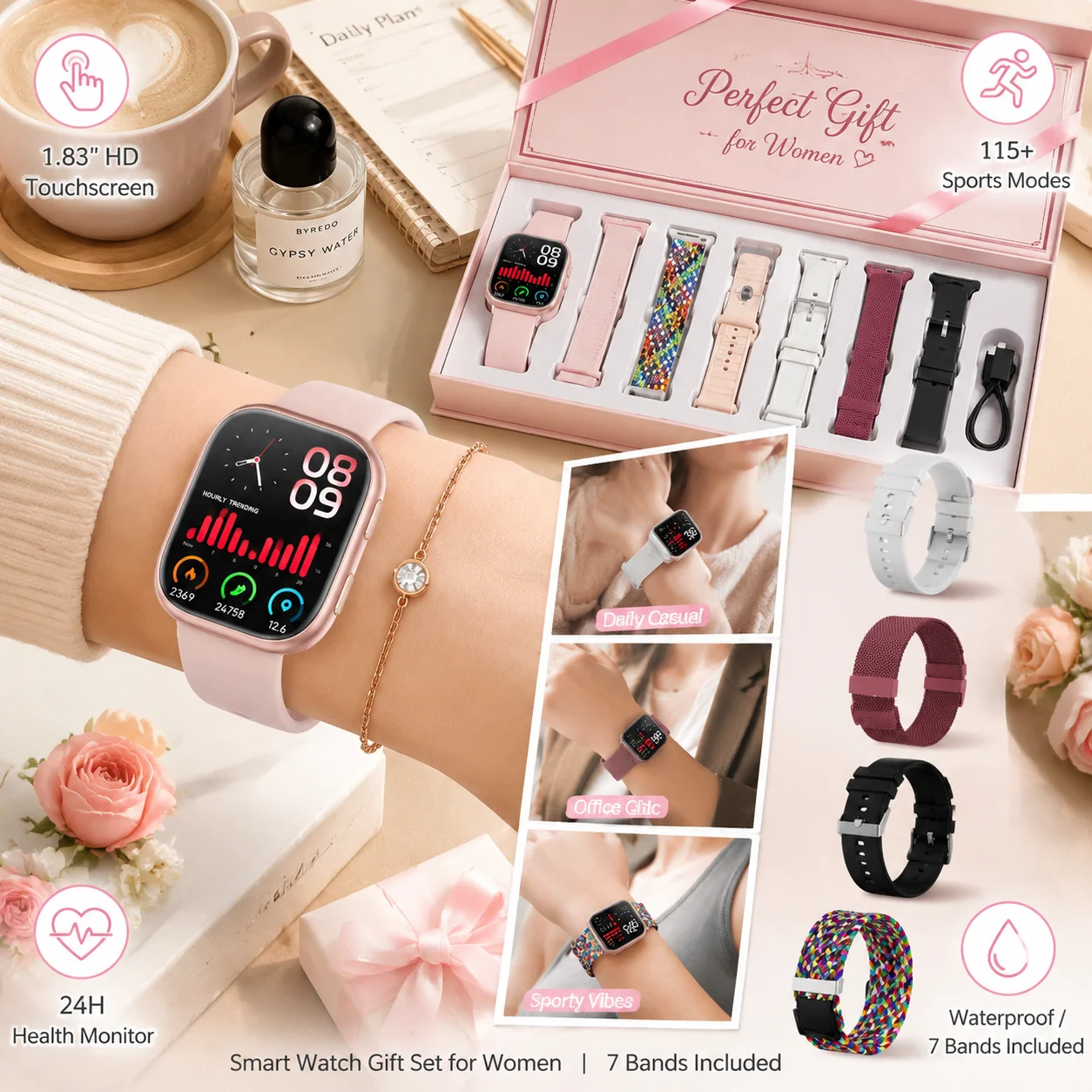 2026 New Ladies Smart Watch 1.83 Inch HD Touch Screen Fitness Tracker, 115+ Sports Modes, Heart Rate Sleep & Menstrual Cycle Monitor, IP67 Waterproof Smartwatch with 7 Replacement Bands Gift Set Compatible with Android iOS view 7