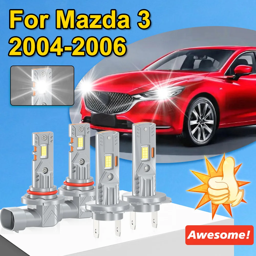 

4 шт. для Mazda 3 2004 2005 2006 светодиодная фара 9005 H7 дальнего и ближнего света 6000K 25000LM 3570 чип CSP Plug-N-Play