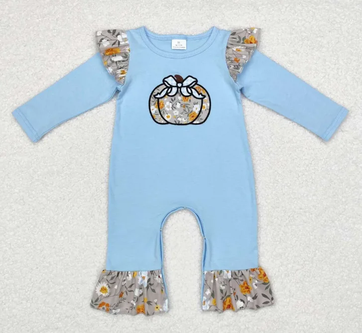 

Cute Baby Girl Ruffle Jumpsuits Infant Girls Long Sleeve Embroidery Pumpkin Rompers Kids Ruffle Oneises