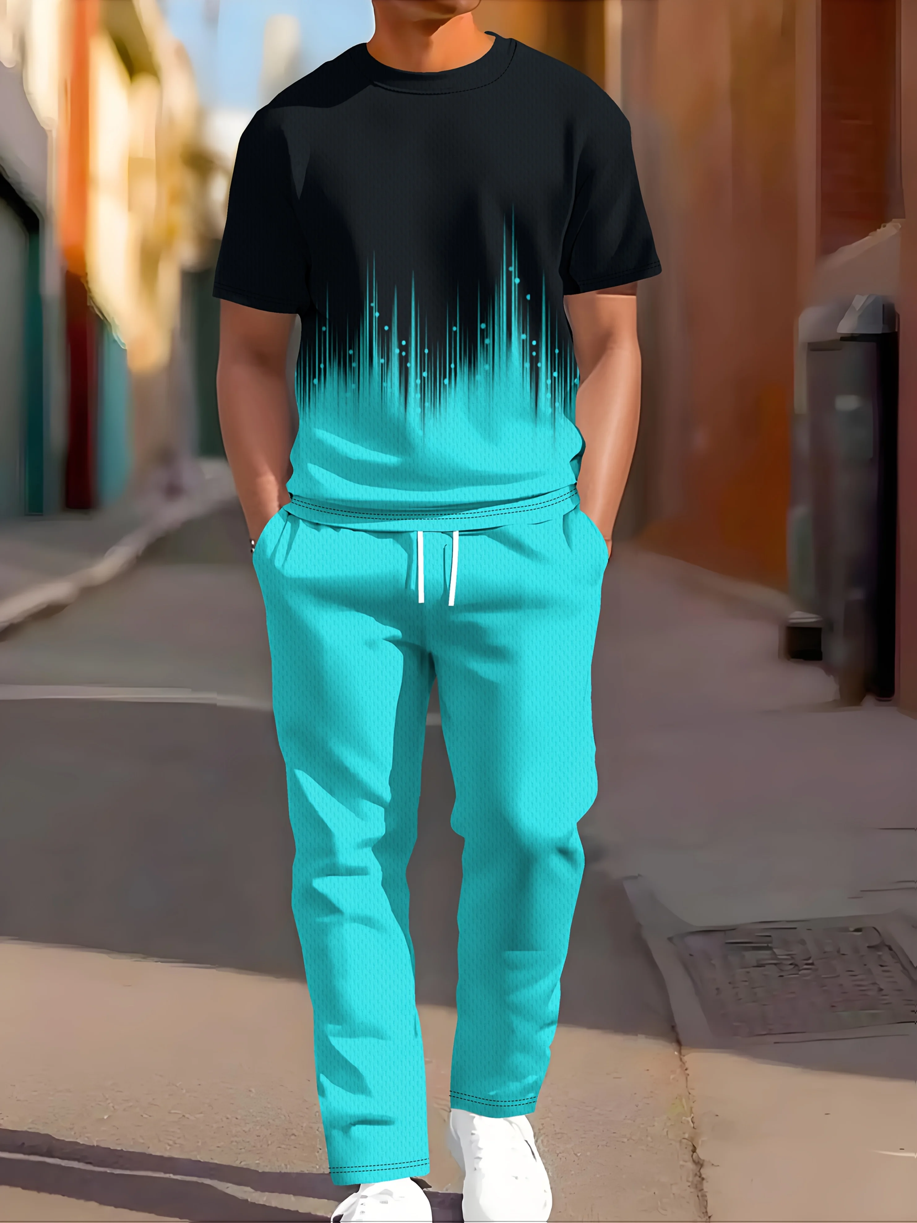 

2025 Simple Men's Summer Gradient Printed Comfortable and Breathable Round Neck T-shirt Pants Set Outdoor Casual Two Piece Set