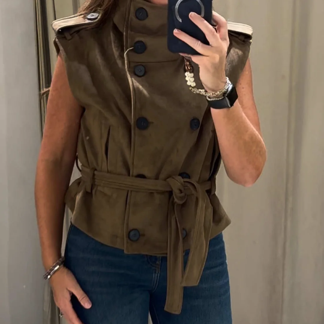 Women Brown Suede Vest Double Breasted Belted Sleeveless Jacket Lapel Short Trench Coat Loose Casual Waistcoat Overcoat 2026