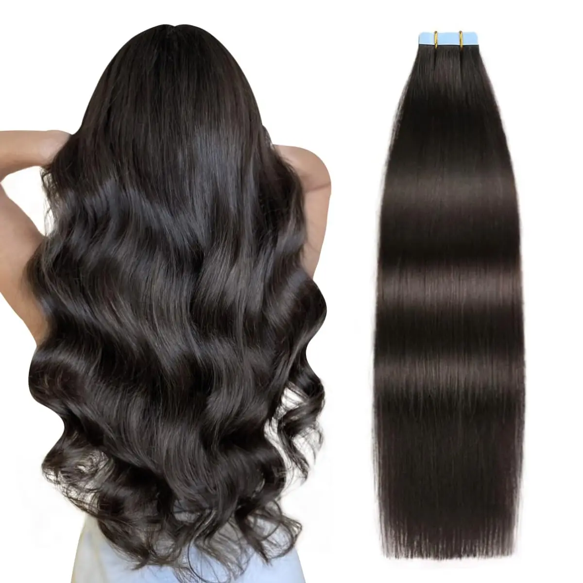 Fita de extensão do cabelo no cabelo humano, alisamento sedoso, extensões pretas, Ject Black, 20pcs, 50G