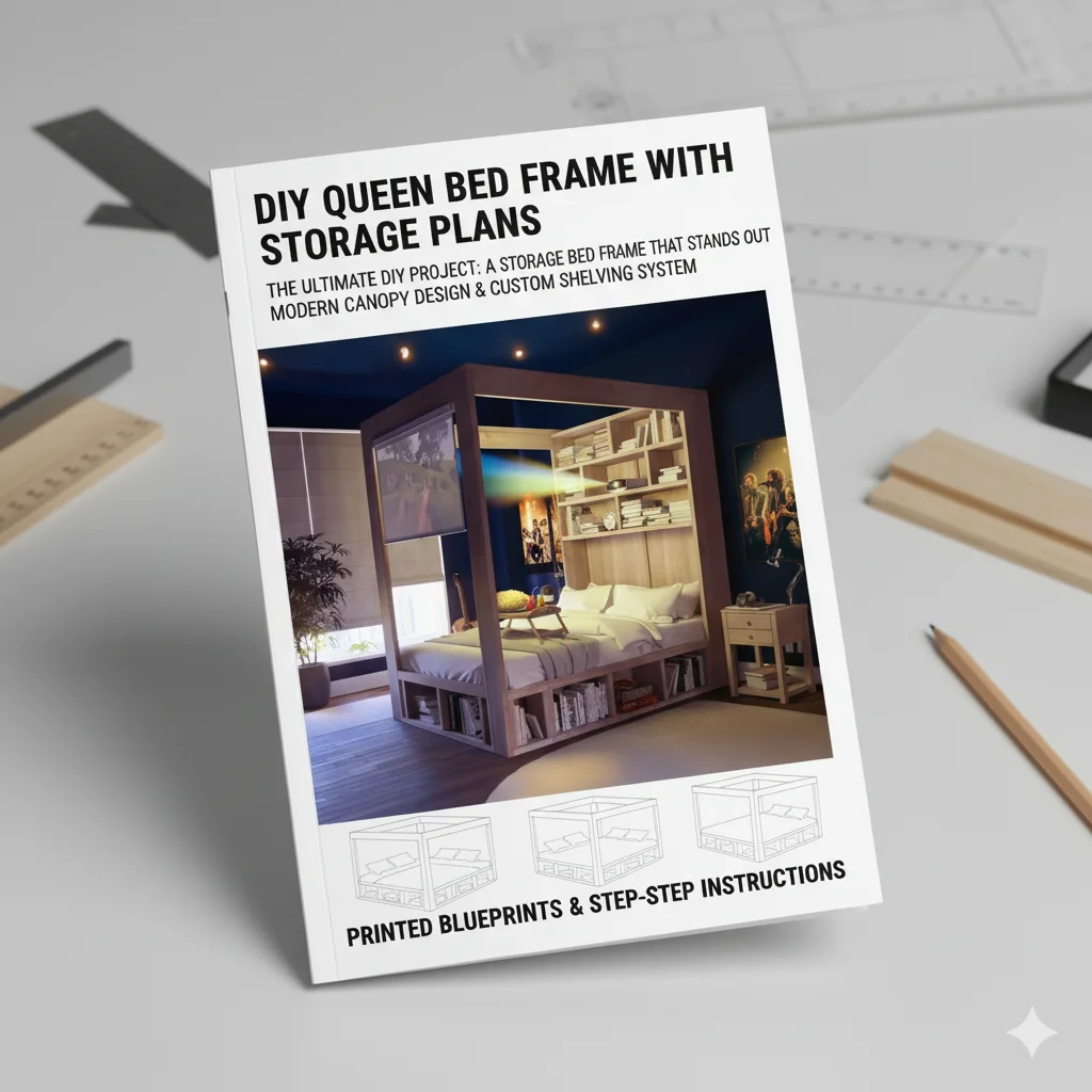 إطار سرير كوين DIY مع خطط مطبوعة للتخزين: مشروع النجارة المثالي الصديق للمبتدئين