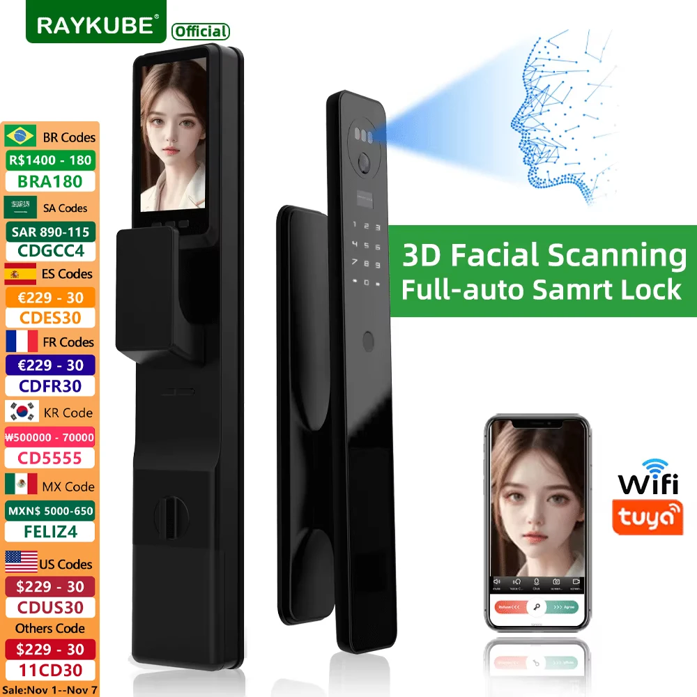 

RAYKUBE MO Tuya WiFi 3D Face Recognition Digital Door Lock With 2*rechargeable batteries Wifi Camera Video Call Tuya APP Unlock