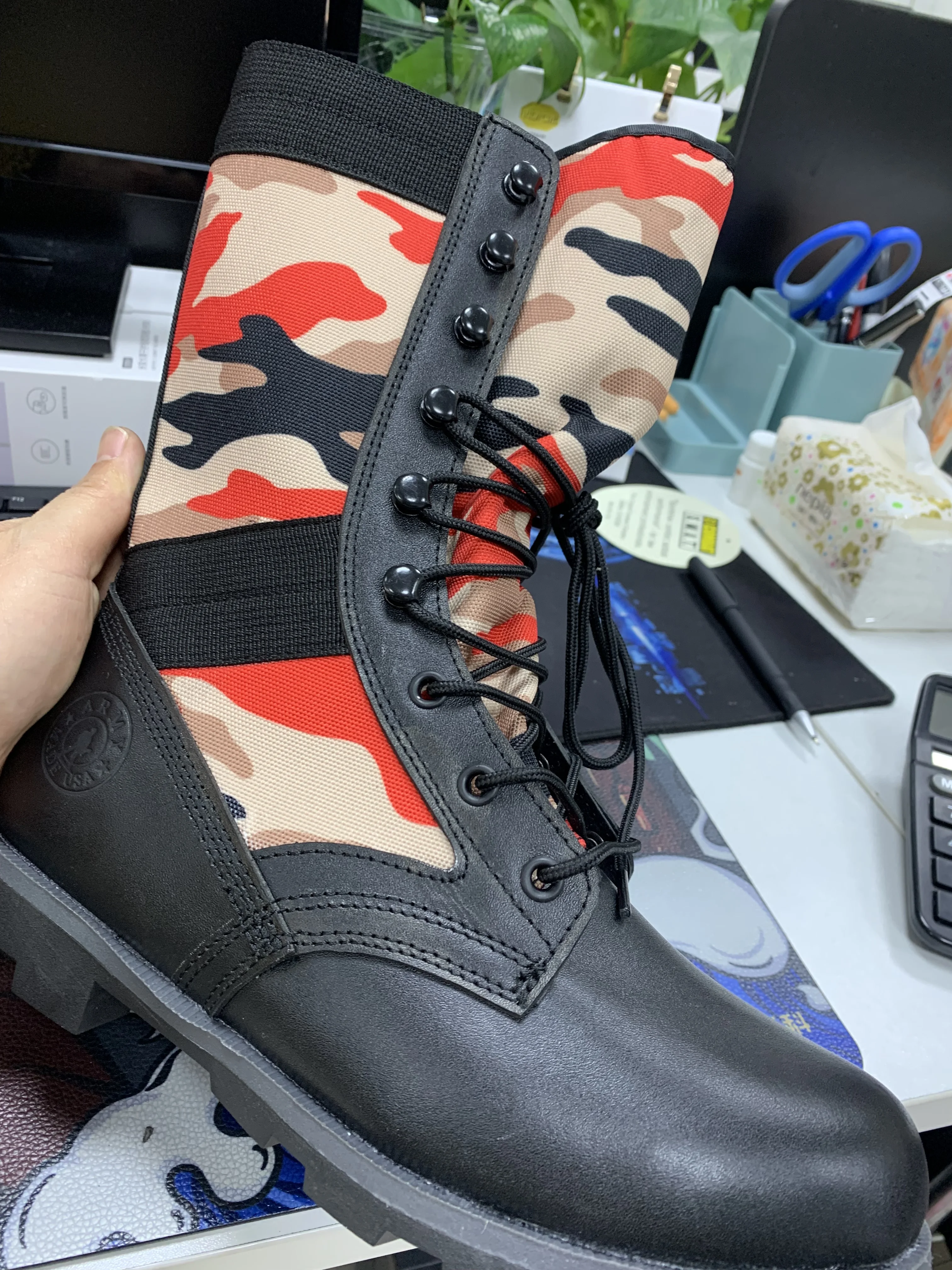 Army Strong Ghana Police Tactical Military Full Grain Leather Red Camouflage Boots