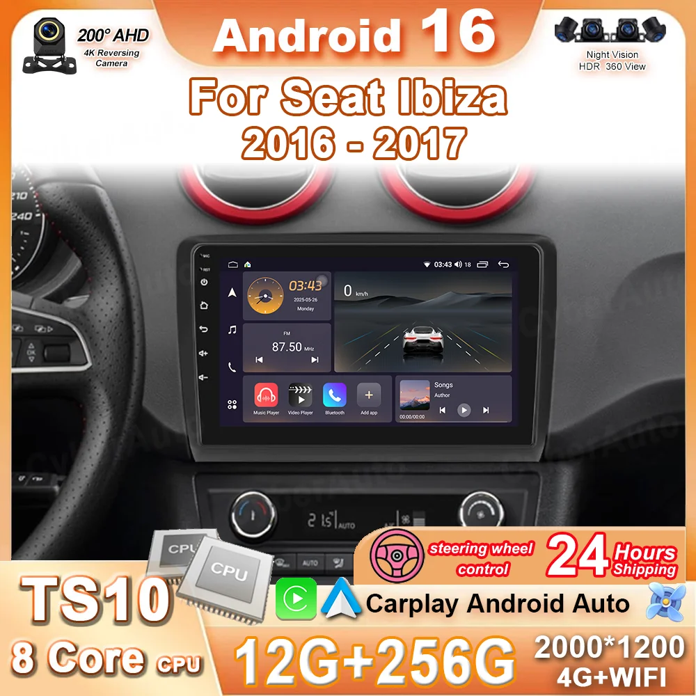 

Android 16 Car Radio For Seat Ibiza 2016 - 2017 Multimedia Video Player 2K GPS 4G CarPlay Auto Wireless Stereo NO 2 Din DVD BT