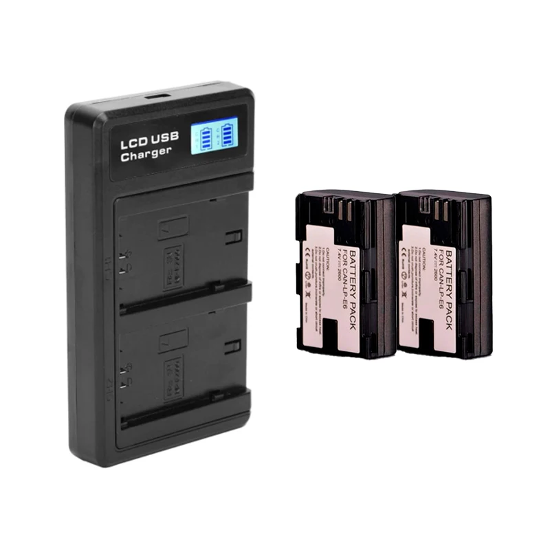 Kit 2 LP-E6 Battery + Double Charger For Canon R R5 R6