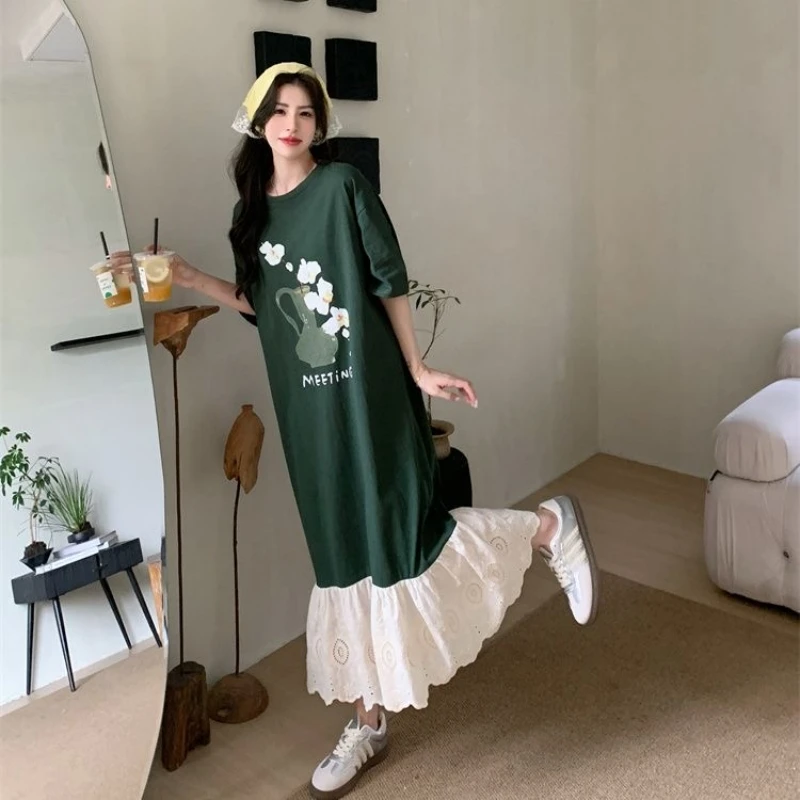 

Summer New Korea Woman T-Shirt Dress Vestidos Robe Elbise Loose Plus Size Irregular Hem Patchwork Short Sleeve Long Dresses