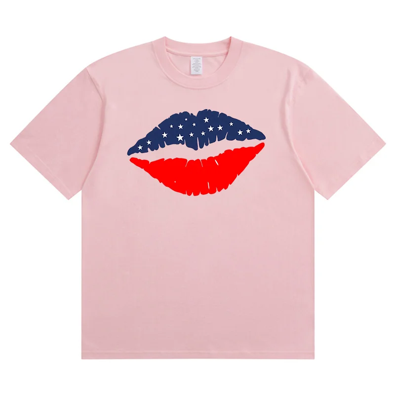 Summer New Blue Upper Lip Red Lower Lip Kiss Fashion Sports Women's T-Shirt Harajuku Graphic Clothing Women's Top,Drop Ship