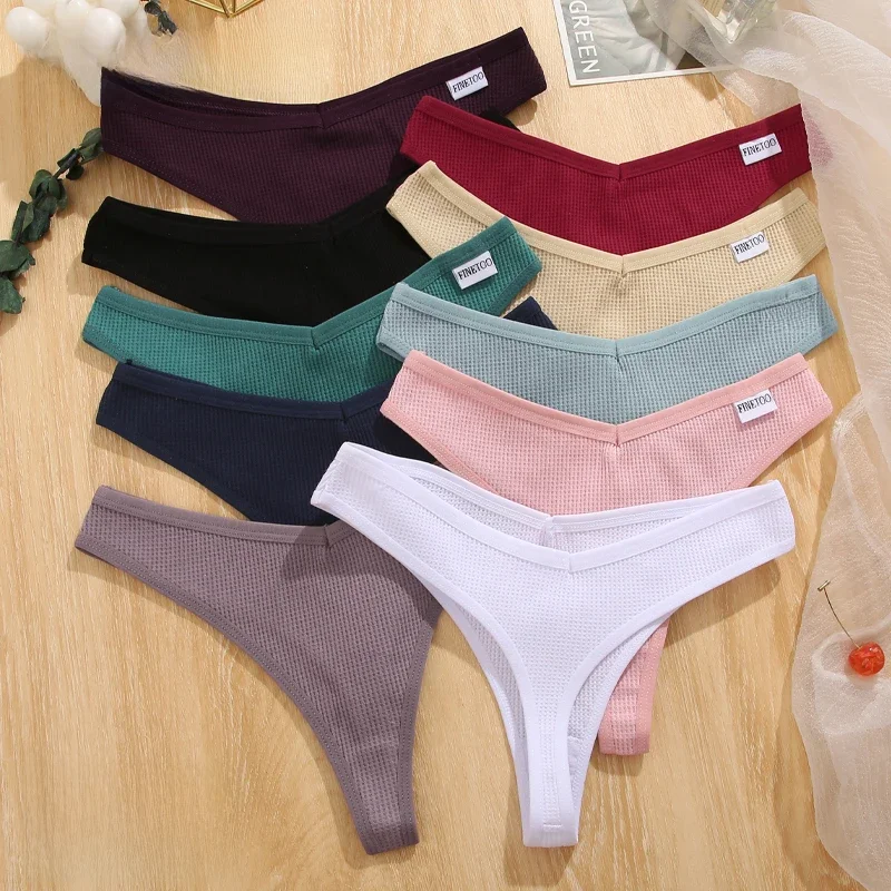 FINETOO 7 sztuk damskie bawełniane stringi odzież wygodne wafel stringi majtki kobiece niski wzrost T-back bielizna bikini bielizna — zdjęcie 2