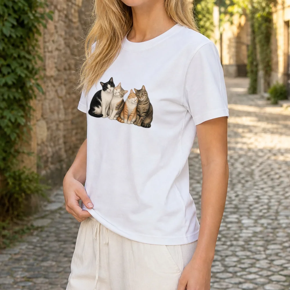 Hugging Cats Graphic Women T‑Shirt, Cute Cat Print Casual Short Sleeve Tee, Soft Daily Wear Top, Lovely Gift for Cat Lovers.