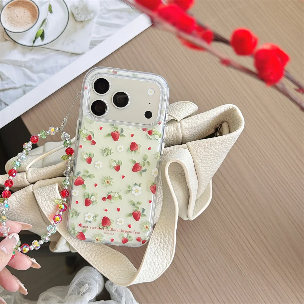 

Korean Cute Strawberry Flower Phone Case for iPhone 16 Max 15 14 13 15 Pro Max 17 Pro Cover With Chain Silicone Protection Cases