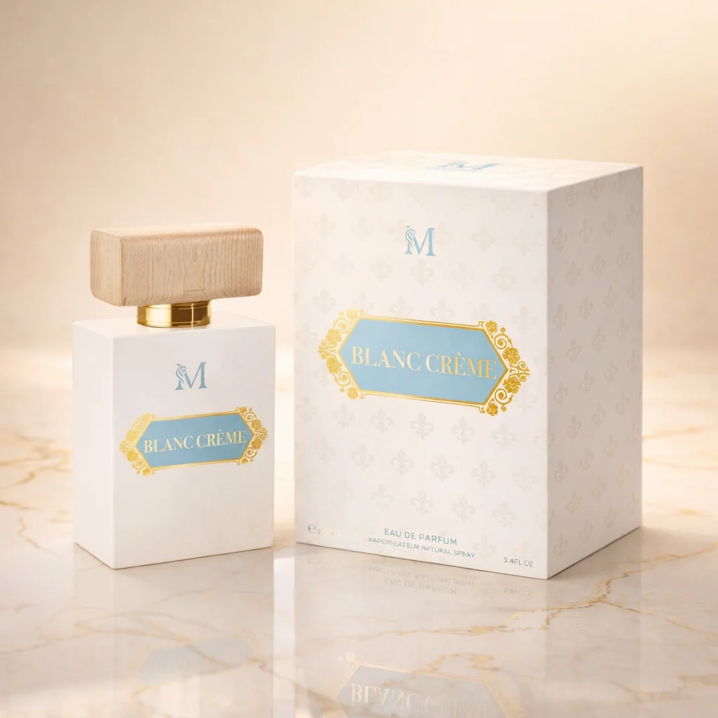 Blanc Crème 100ml - Montage Brands. Eau de Parfum unisexe de la famille florale poudrée, avec des notes de crème douce, de rose de Damas, de vanille et de musc délicat.