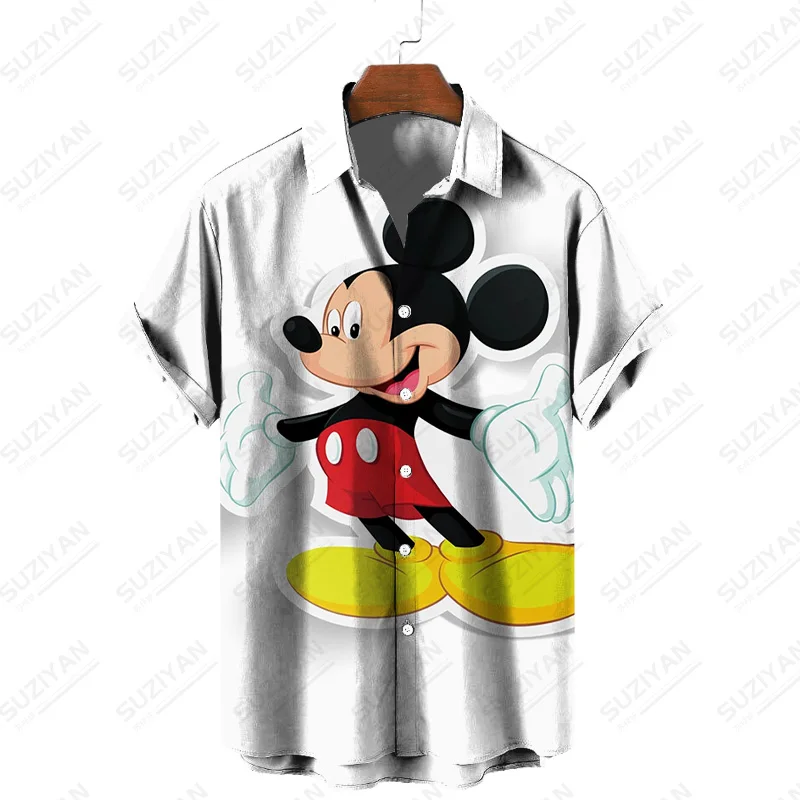 Verão nova disney mickey e minnie impressão dos desenhos animados chinês lapela camisa de manga curta casual doce estilo rua