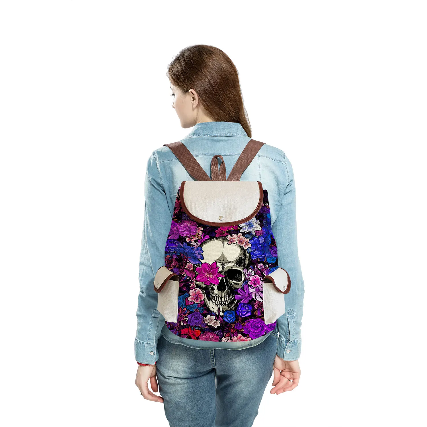 Mochila de impressão floral de crânio de alta capacidade para mulheres, mochila escolar para estudantes universitários, presente do Dia das Bruxas,