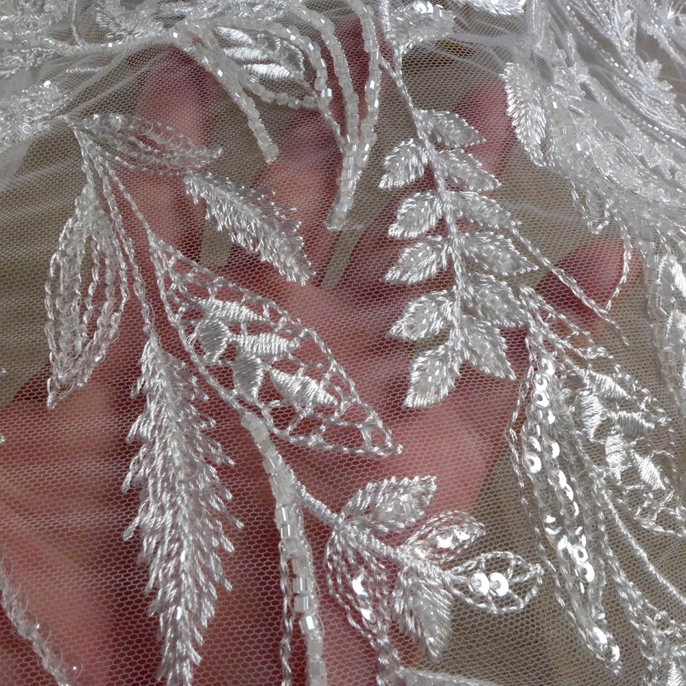 HelluyerDc tela de encaje con cuentas blancas, patrones de orejas de trigo para vestido de fiesta de boda, tela a medida