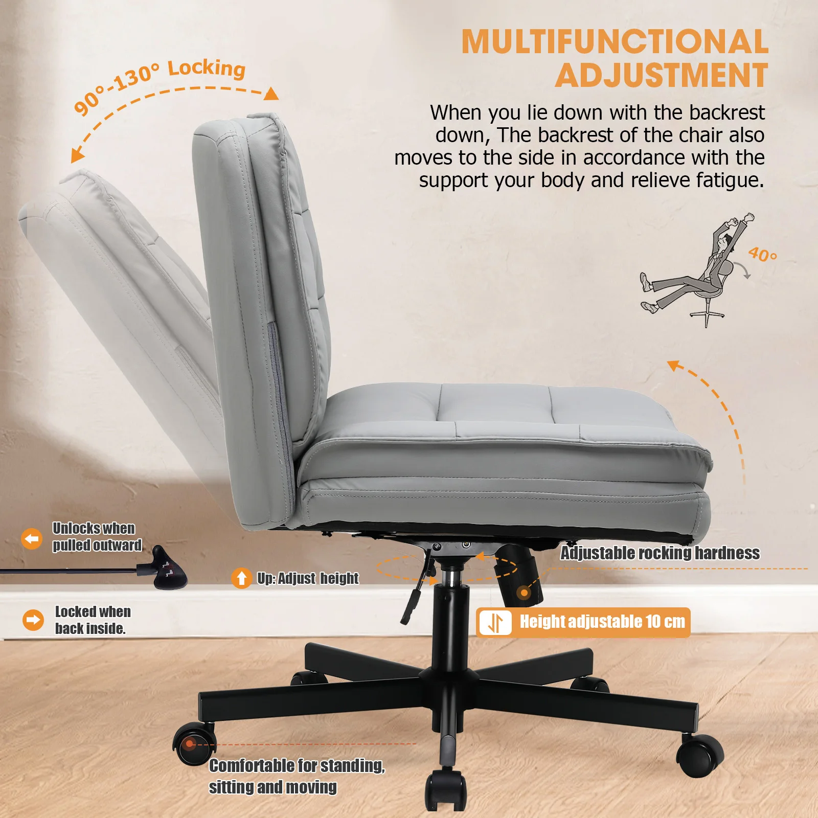 كرسي متقاطع بعجلات، كرسي مكتب PU مع مقعد كبير، دعم خلفي وارتفاع قابل للتعديل للاستخدام المنزلي